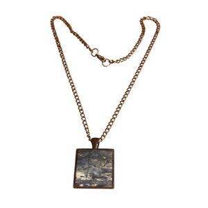 Vintage Square Marble Effect Pendant Necklace Black Chain Minimalist Estate 18"